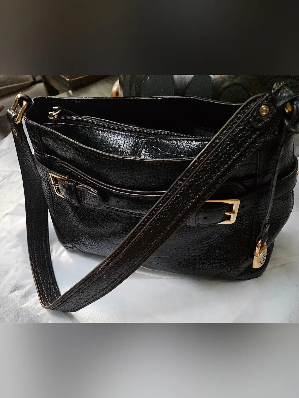 Classic Dark Brown Genuine Leather Women's Shoulder Bag with Gold Hardware